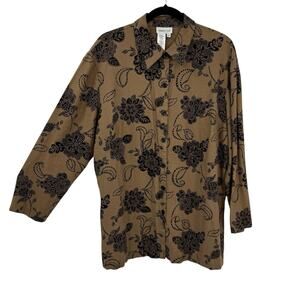 Coldwater Creek Linen Button Up Shacket Plus 18W Tan Black Floral Beads Top